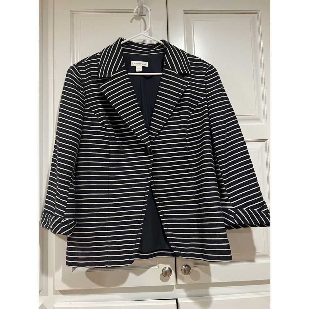 Coldwater Creek Women's Size 14 Dark Blue White Striped 1 Button Blazer Jacket.